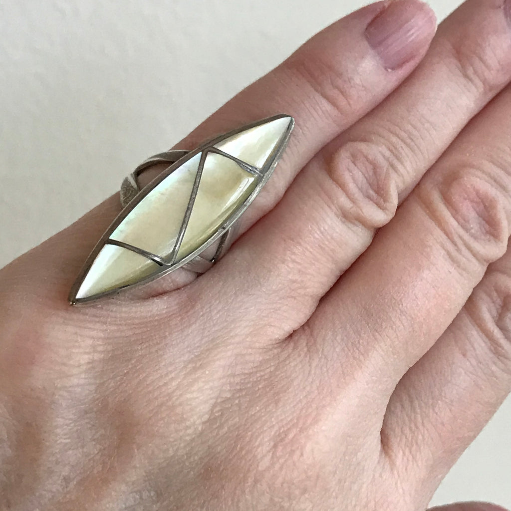 Zuni Inlay Sterling Silver Ring with Yellow Mother of Pearl-Vintage in size 5 1/2   (AS193B)