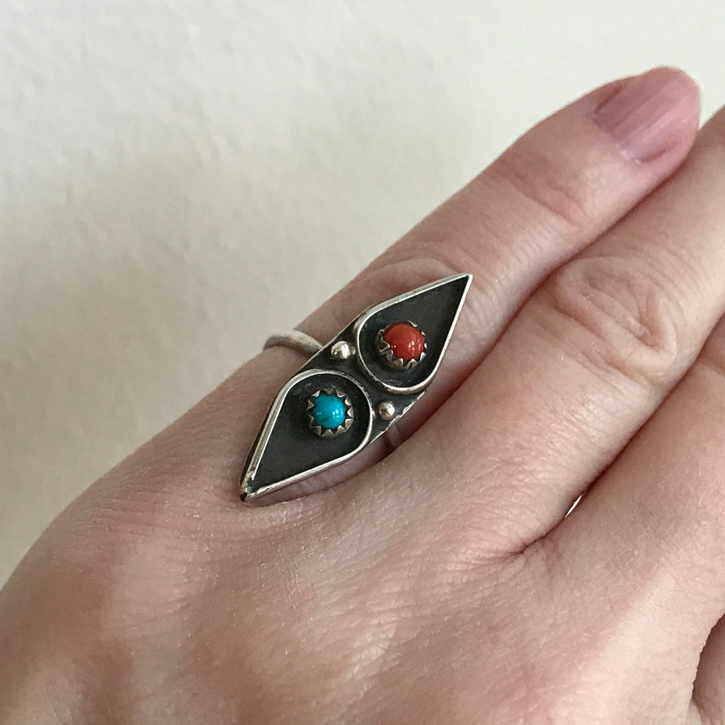 Zuni Native American Sterling Silver Ring with Turquoise and Coral-vintage in multiple sizes (AS177)