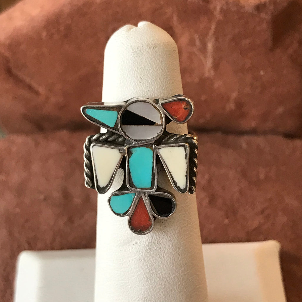 Zuni Inlay Thunderbird Design Sterling Silver Ring with Turquoise, Mother of Pearl, Coral and Black Jet - vintage in size 3   (AS198A)