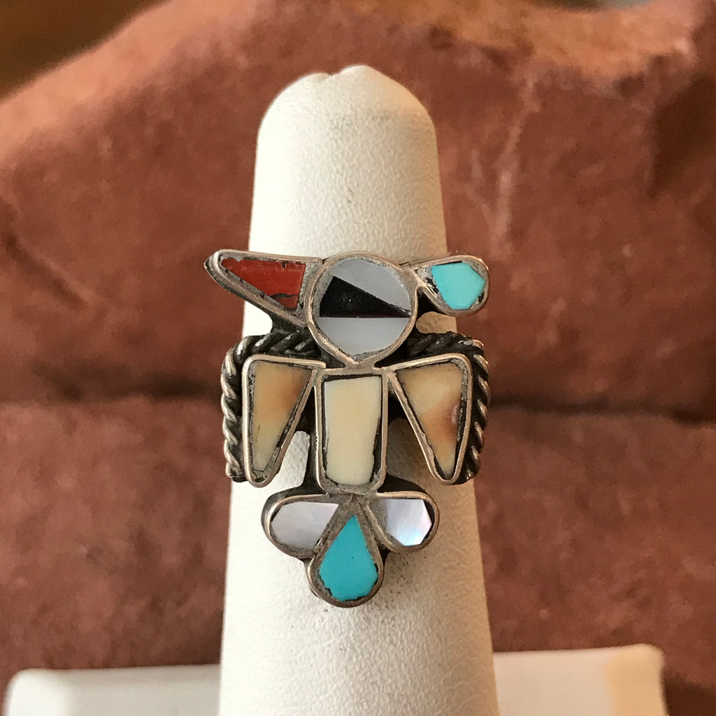 Zuni Inlay Thunderbird Design Sterling Silver Ring with Turquoise, Mother of Pearl, Coral and Black Jet - vintage in size 3  (AS198B)