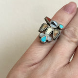 Zuni Inlay Thunderbird Design Sterling Silver Ring with Turquoise, Mother of Pearl, Coral and Black Jet - vintage in size 3  (AS198B)