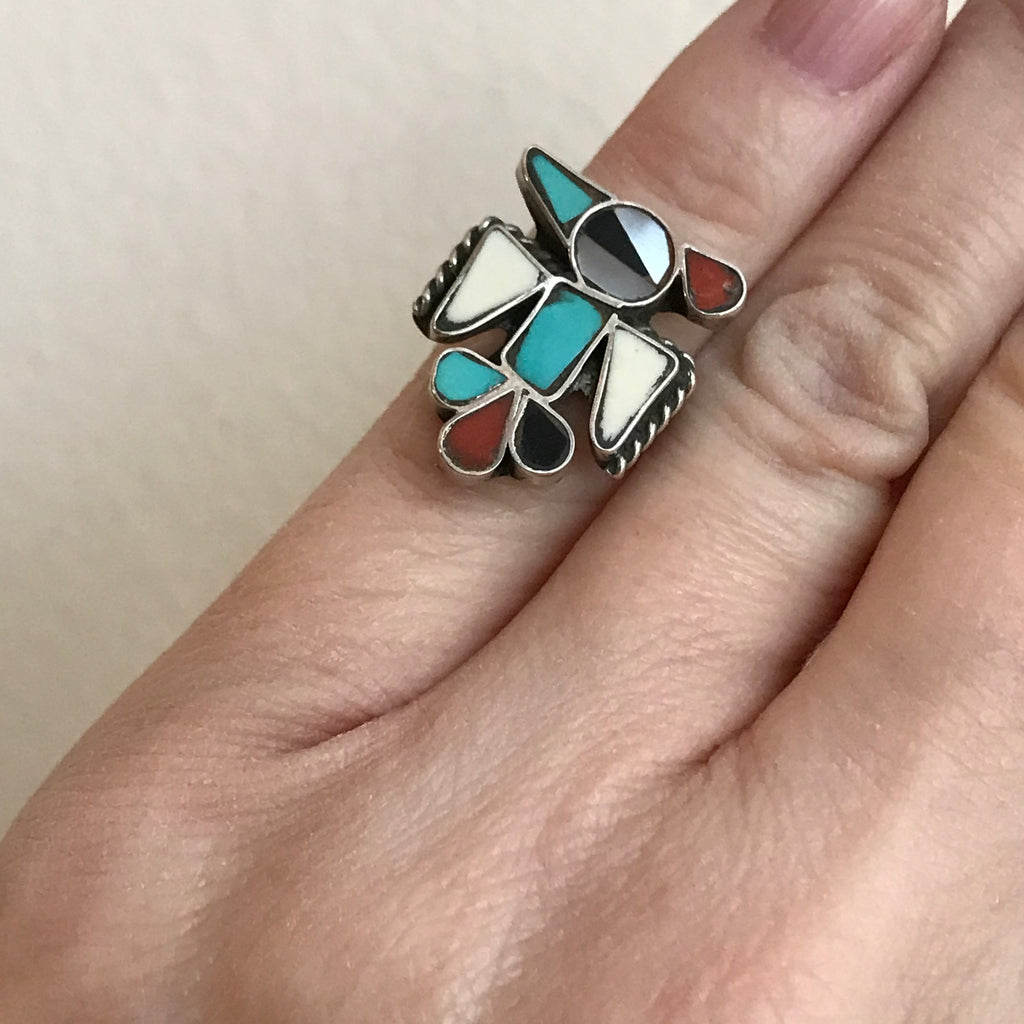 Zuni Inlay Thunderbird Design Sterling Silver Ring with Turquoise, Mother of Pearl, Coral and Black Jet - vintage in size 3   (AS198A)