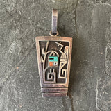 Longhair Kachina Design Sterling Silver Hopi Overlay Pendant with Inlaid Stones, signed FL (JF143)