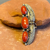 Authentic Red Coral Navajo Ring with Sterling Silver Leaf Design, vintage - size 6.5  (KD346)