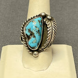 Classic Navajo Sterling Silver Ring with Genuine Turquoise and Leaf and Scroll Design, vintage - size 9.25  (MB4)