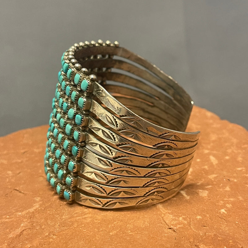 Vintage 8 ROW Zuni Petitpoint Cuff Bracelet with blue/greenTurquoise and Sterling Silver (JF124)