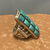 Navajo Cobblestone Inlay Sterling Silver and Turquoise Ring, Authentic Native American, vintage  - size 9.5   (JF29)