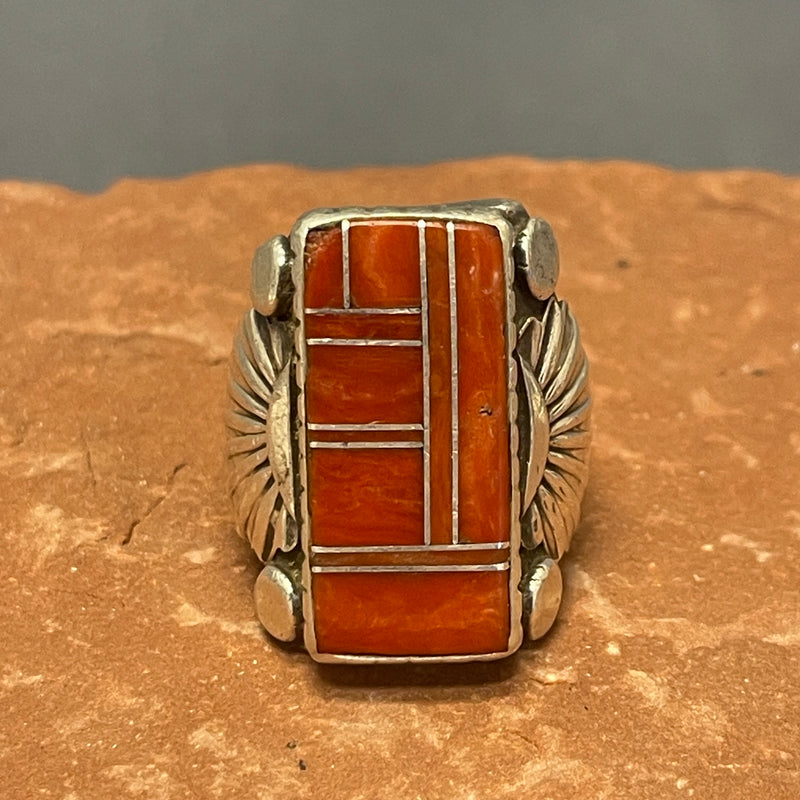 Genuine Navajo Channel Inlay Coral Ring, vintage - size 10.5    (JF33)
