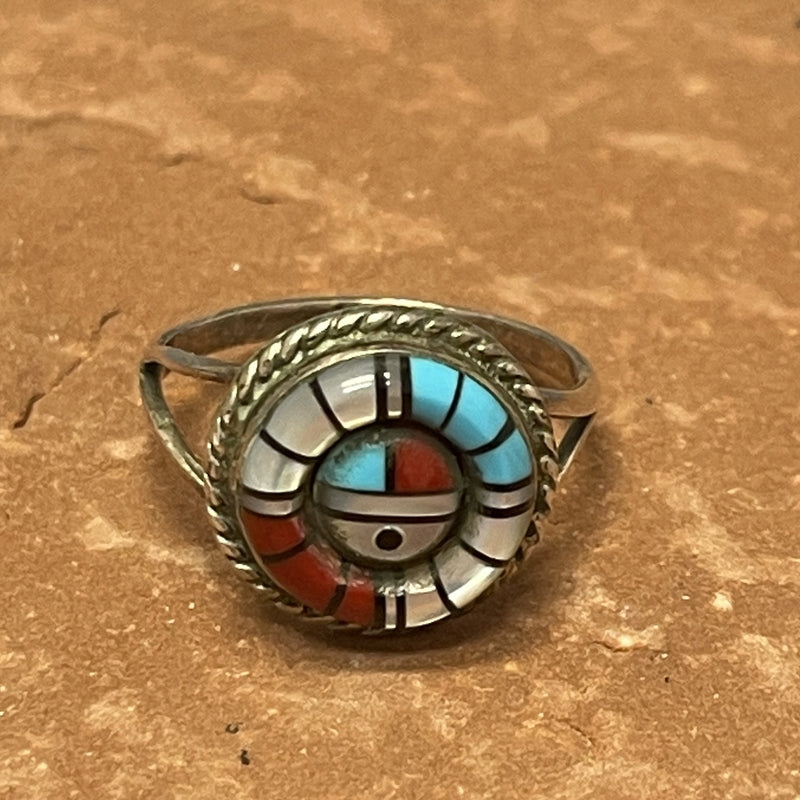 Authentic Zuni Sunface Ring with Multi-stone Inlay, vintage-size 8.5   (JF147)