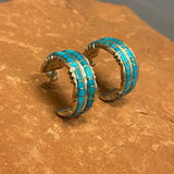 Genuine Zuni double row Channel Inlay Sterling Silver and Turquoise Hoop Earrings (JF238)