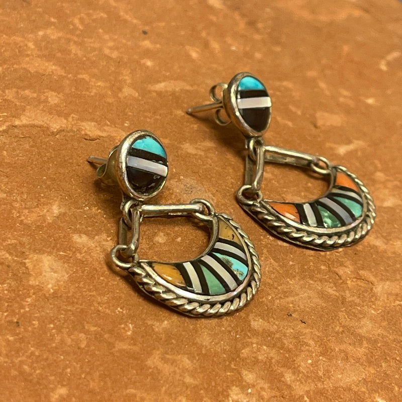 Taft Weebothee, Zuni Inlay Multicolored Post Dangle Earrings  (JF241)