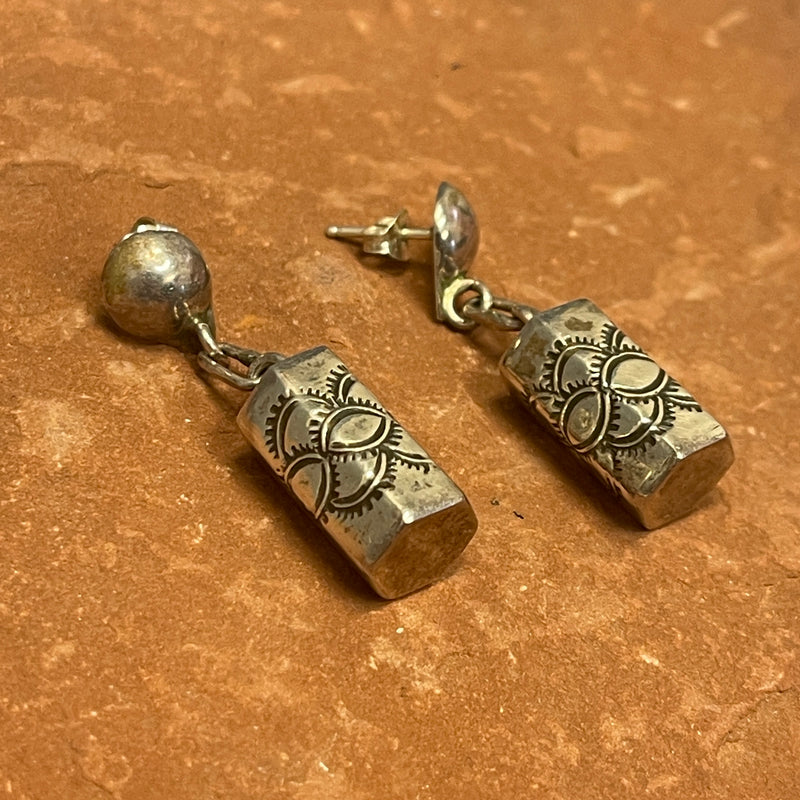 Sterling Silver Stamped Bead Dangle Earrings, Navajo, Genuine Native American Jewelry   (JF248)