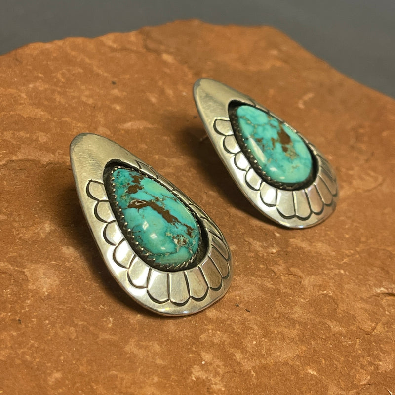 Tommy Jackson, Navajo Stamped Shadowbox post Earrings with Turquoise, vintage   (JF246)