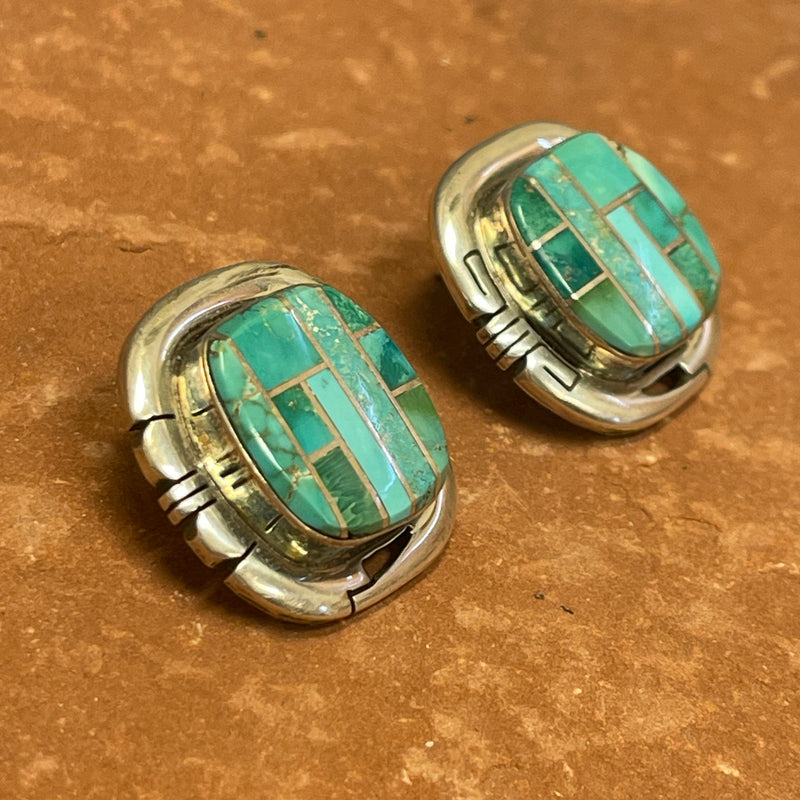 Jerry N. Platero, Navajo Authentic Sterling Silver and Turquoise Channel Inlay Earrings  (JF244)