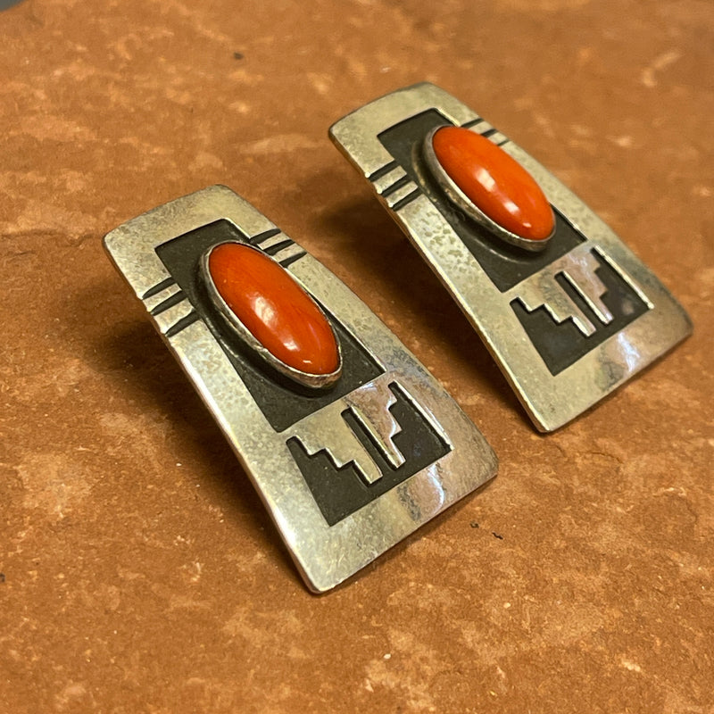 Everett and Mary Teller, Navajo Overlay Post Earrings with Coral, vintage   (JF256)