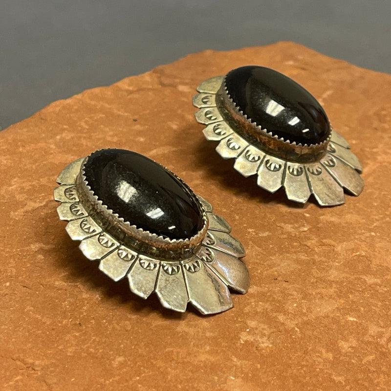 Abraham Begay, Navajo Large Onyx post Earrings in Stamped Sterling Silver (JF249)