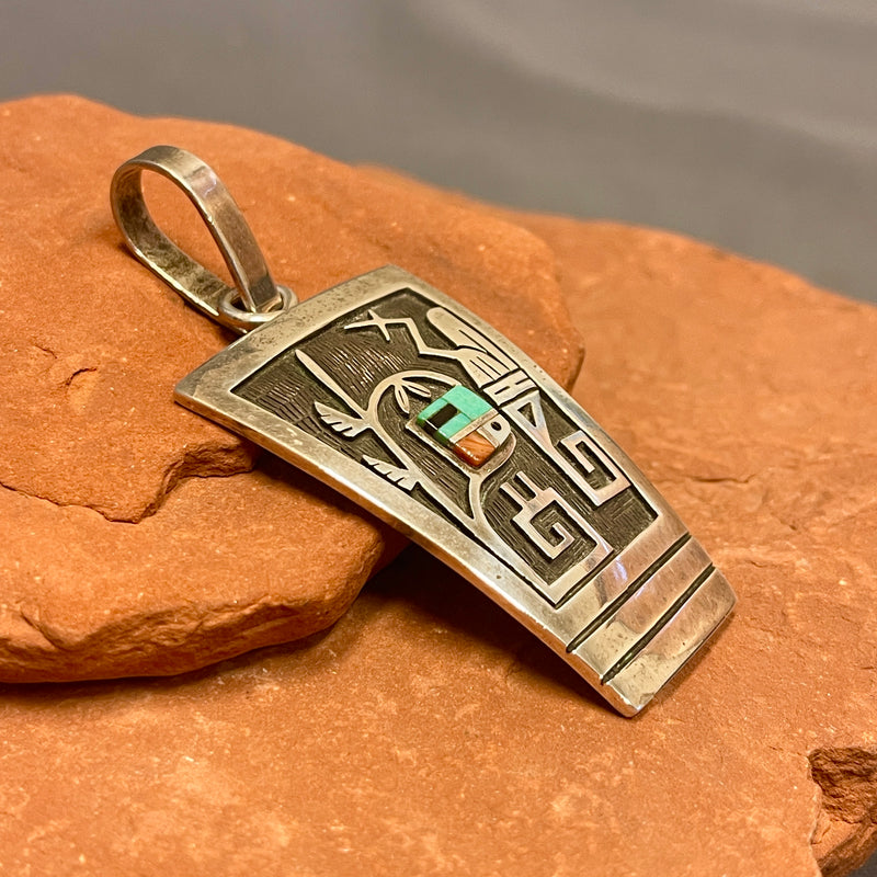 Longhair Kachina Design Sterling Silver Hopi Overlay Pendant with Inlaid Stones, signed FL (JF143)