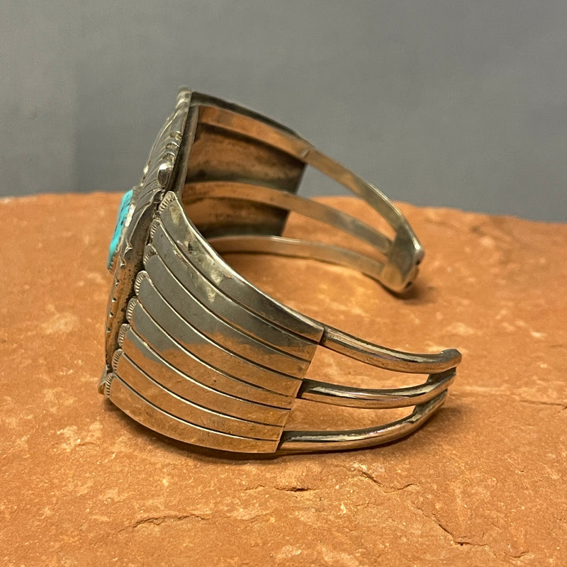 Genuine Navajo Sterling Silver Shadowbox Cuff with Turquoise Stone, vintage  (JF24)