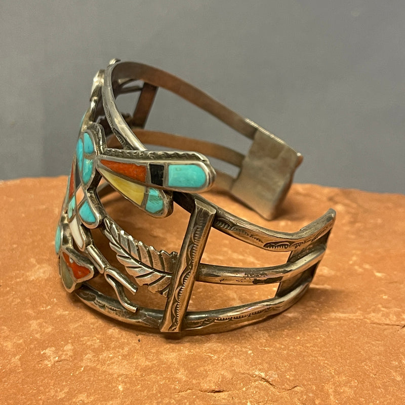 Authentic Zuni Sterling Silver Bracelet with Inlay Roadrunner Design, vintage  (JF271)