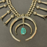 Genuine Vintage Navajo Squash Blossom Necklace with Tufa Cast Naja and Turquoise Stone   (JF2)