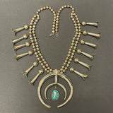 Genuine Vintage Navajo Squash Blossom Necklace with Tufa Cast Naja and Turquoise Stone   (JF2)