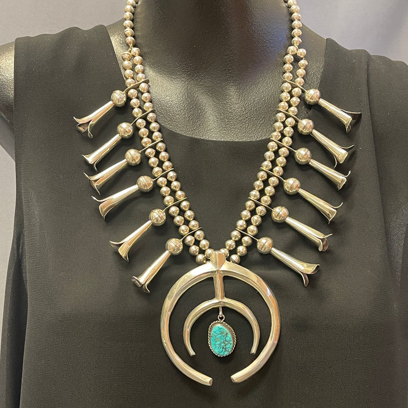 Genuine Vintage Navajo Squash Blossom Necklace with Tufa Cast Naja and Turquoise Stone   (JF2)