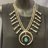 Genuine Vintage Navajo Squash Blossom Necklace with Tufa Cast Naja and Turquoise Stone   (JF2)