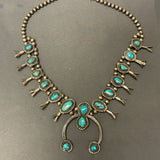 Authentic Navajo Squash Blossom Necklace with Turquoise Stones, vintage   (JF1)