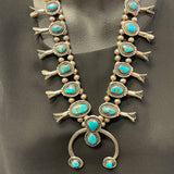 Authentic Navajo Squash Blossom Necklace with Turquoise Stones, vintage   (JF1)