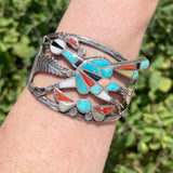 Authentic Zuni Sterling Silver Bracelet with Inlay Roadrunner Design, vintage  (JF271)