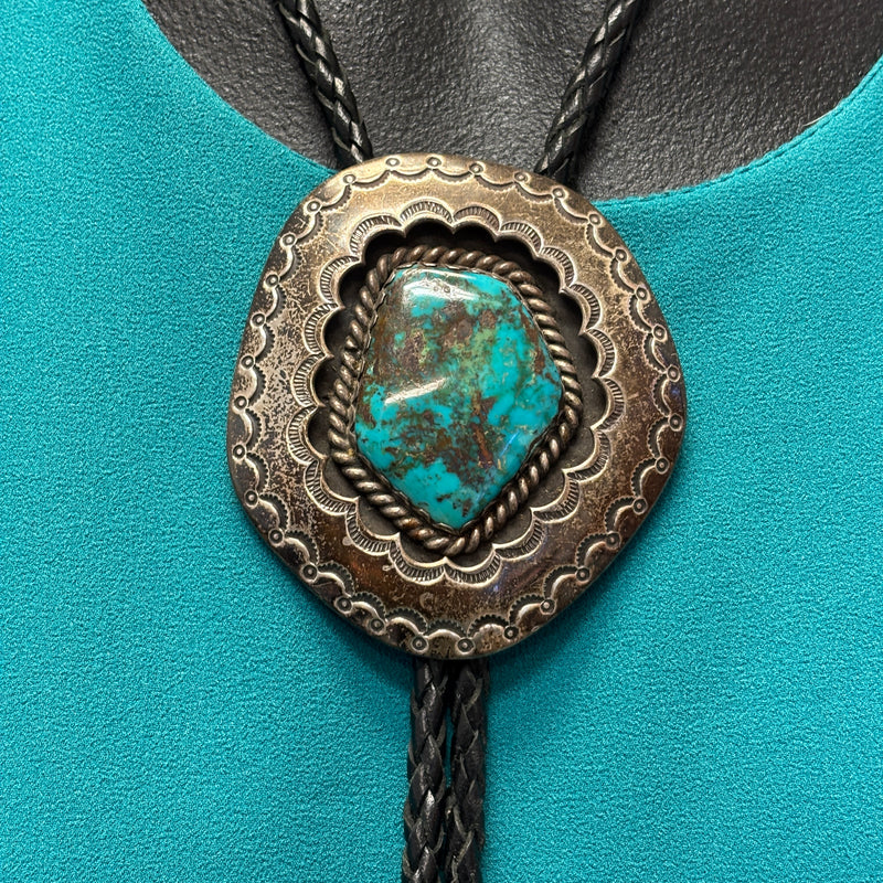 Mary Morgan Vintage Navajo Sterling Silver Shadowbox Bolo Tie with Large Turquoise Stone, authentic Native American   (JF102)