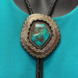 Mary Morgan Vintage Navajo Sterling Silver Shadowbox Bolo Tie with Large Turquoise Stone, authentic Native American   (JF102)