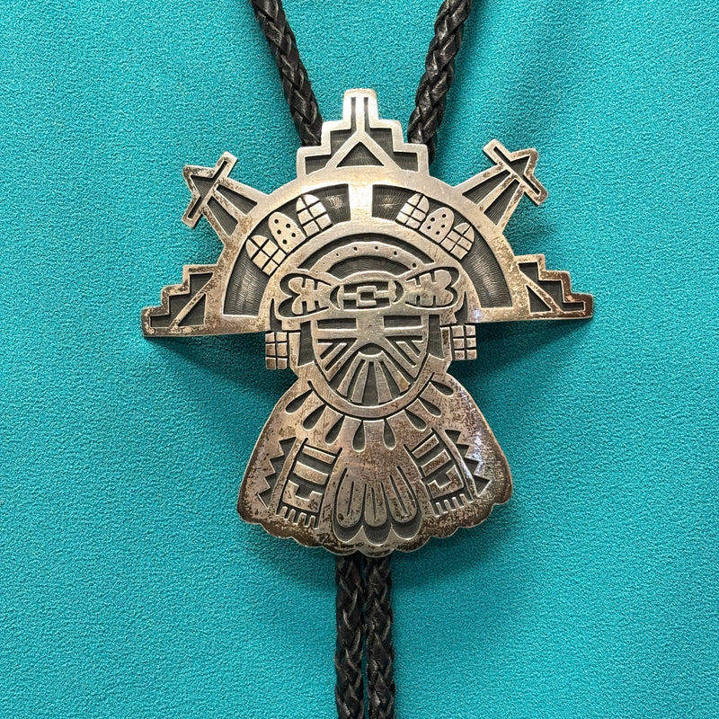 Manuel and Karen Hoyungwa Sterling Silver Hopi Overlay Bolo Tie with Butterfly Maiden, vintage authentic Native American  (JF106)