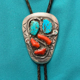 Effie Calavaza Vintage Zuni Turquoise and Coral Bolo Tie with Snake Design, authentic Native American   (JF108)