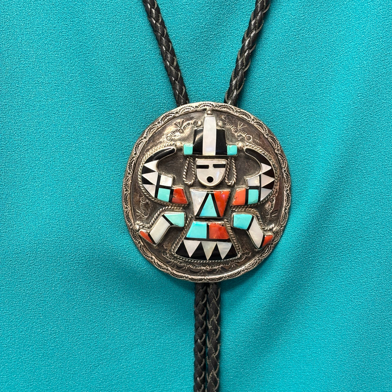H. Spencer Vintage Navajo Inlay Celebration Man on Round Sterling Silver Bolo Tie, authentic Native American   (JF110)