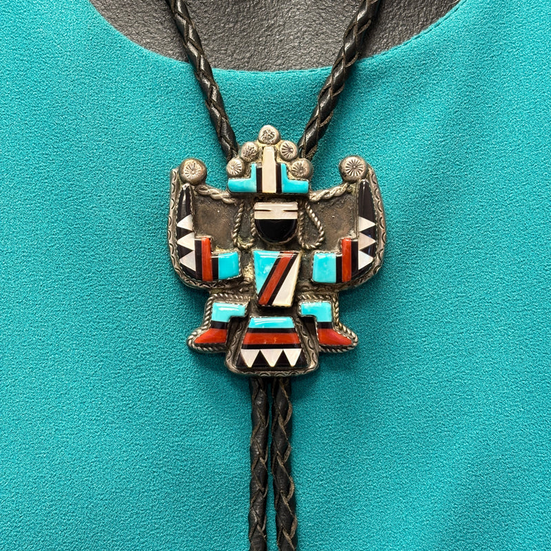 Ricky and Lucy Vacit Vintage Zuni Inlay Celebration Man on Sterling Silver Bolo Tie, authentic Native American   (JF111)