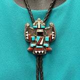 Ricky and Lucy Vacit Vintage Zuni Inlay Celebration Man on Sterling Silver Bolo Tie, authentic Native American   (JF111)