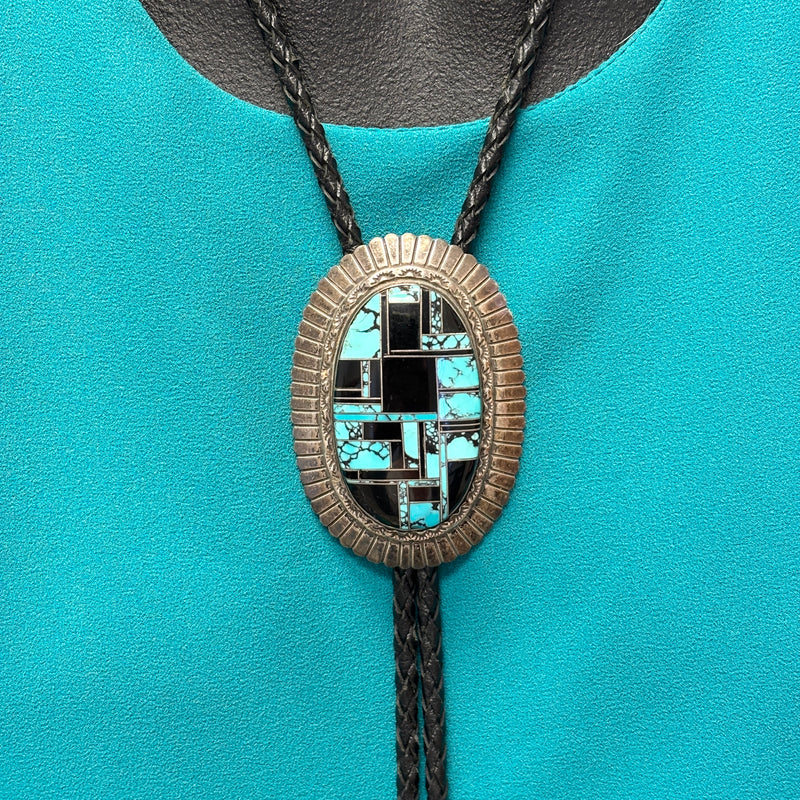 Vintage Navajo Turquoise and Black Jet Inlay Bolo Tie, authentic Native American   (JF112)