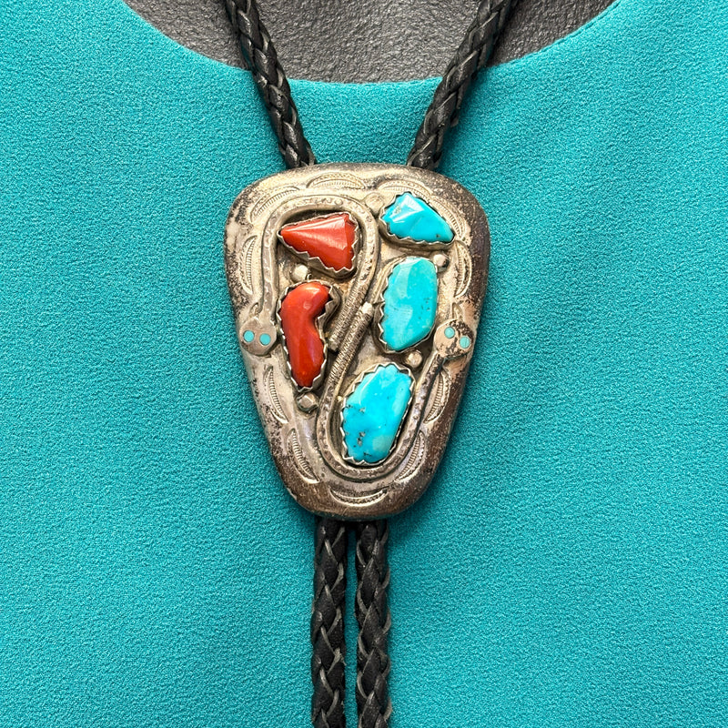 Effie Calavaza Vintage Zuni Turquoise and Coral Bolo Tie with Snake Design, authentic Native American   (JF113)