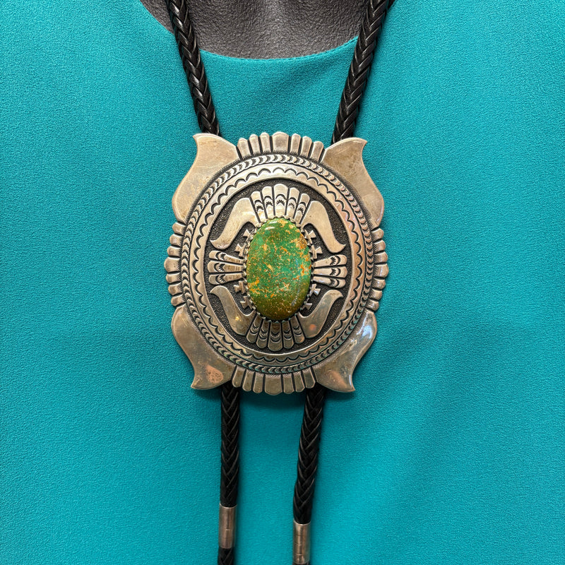 Tommy Singer Vintage Navajo Green Turquoise and Sterling Silver Bolo Tie, authentic Native American   (JF118)