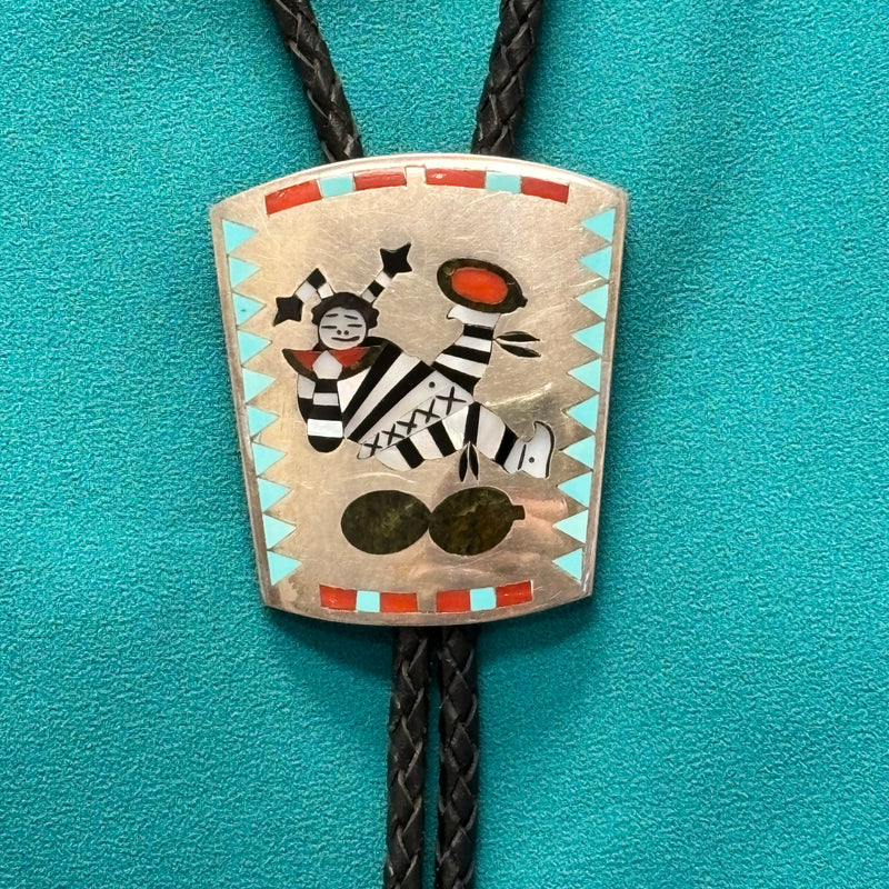 Dennis and Nancy Edaakie, Zuni Inlay Bolo Tie with Clown Design, vintage Native American   (JF119)