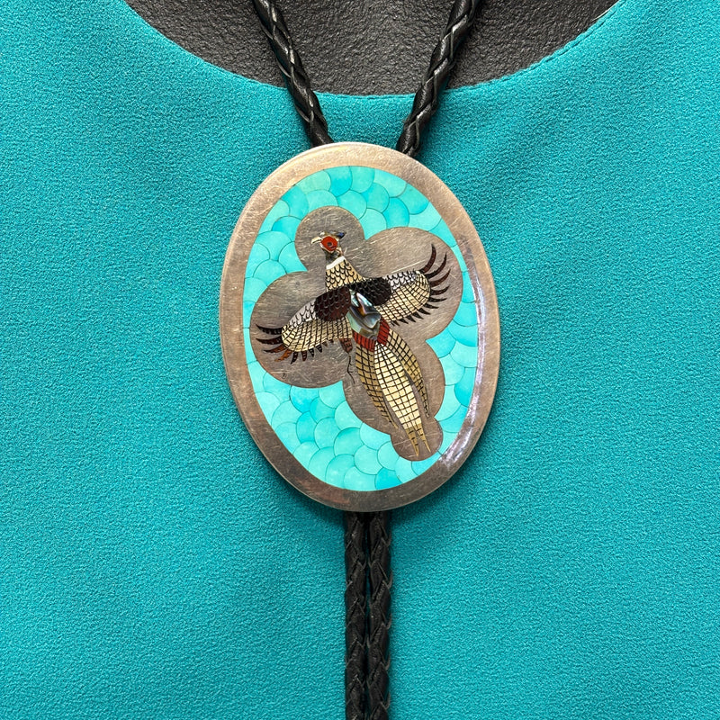 Albert and Dolly Banteah Zuni Mosaic Flush Inlay Oval Pheasant Design Bolo Tie, vintage  (JF120)