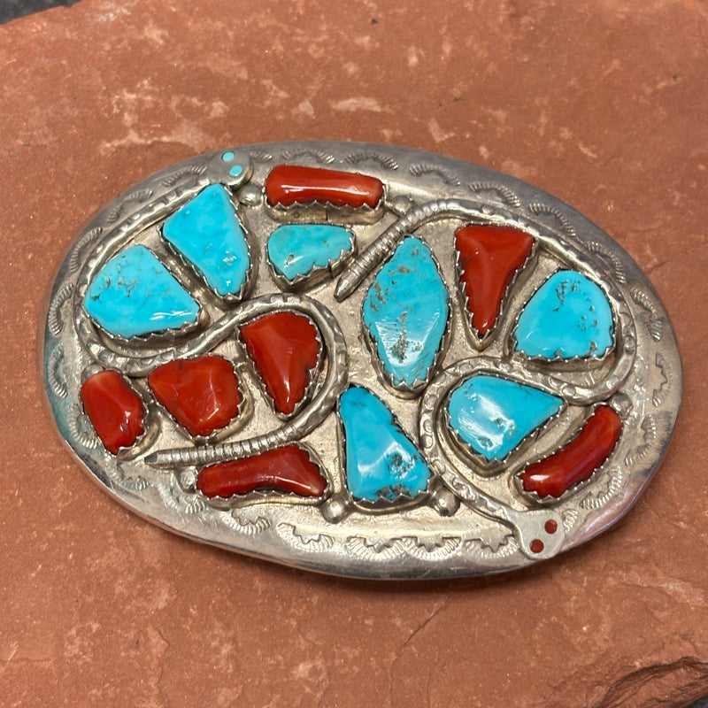 Effie Calavaza Vintage Zuni Turquoise and Coral Belt Buckle with Snake Design, authentic Native American   (JF122)