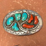 Effie Calavaza Vintage Zuni Turquoise and Coral Belt Buckle with Snake Design, authentic Native American   (JF126)