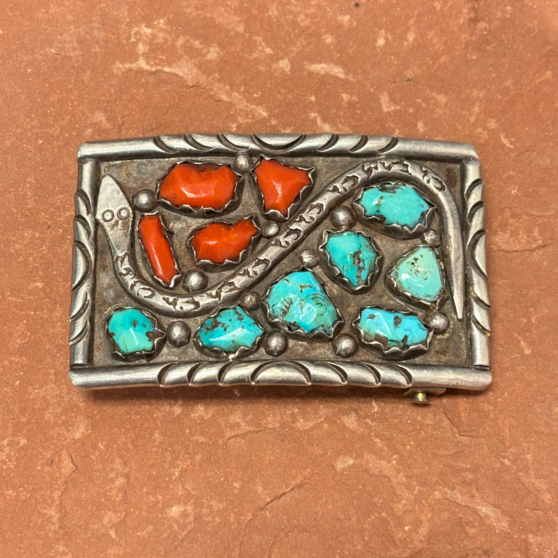 Wayne Calavaza Vintage Zuni Turquoise and Coral Belt Buckle with Snake Design, authentic Native American   (JF127)