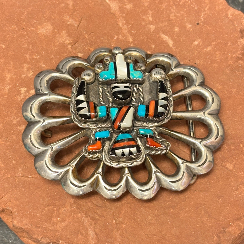 Vintage Navajo Inlay Scalloped Belt Buckle with Celebration Man Design - Sterling Silver, authentic Native American   (JF128)