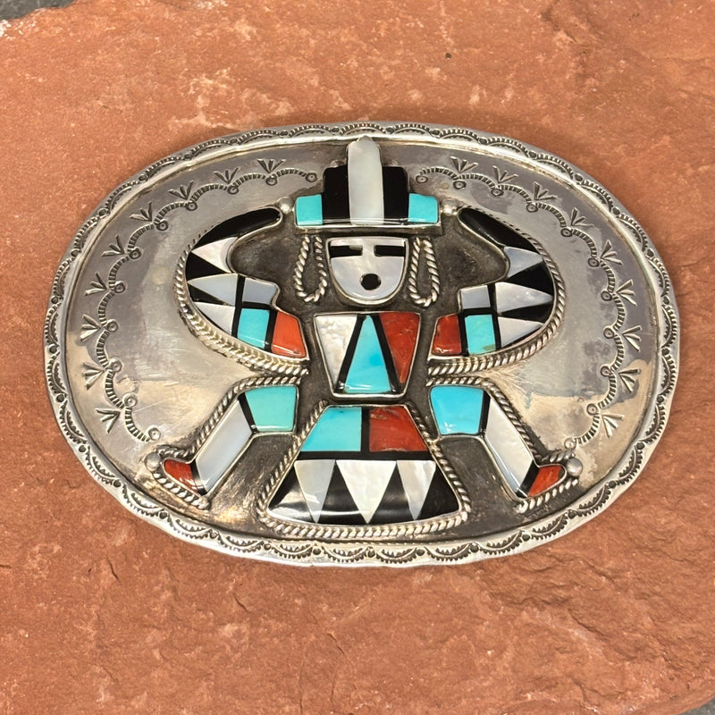 H. Spencer Vintage Navajo Inlay Belt Buckle with Celebration Man Design - Sterling Silver, authentic Native American   (JF129)