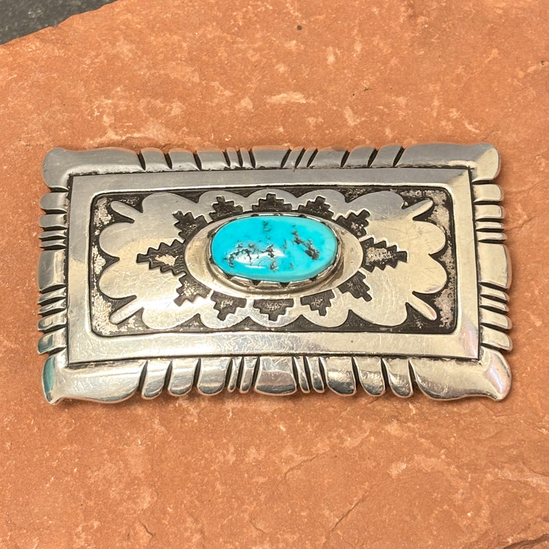 Tommy Singer Vintage Navajo Sterling Silver Overlay and Turquoise Belt Buckle, authentic Native American   (JF130)