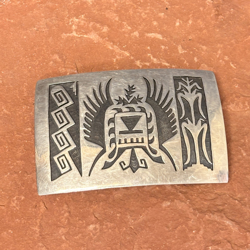Steven Sockyma Hopi Silver Overlay Belt Buckle with Crow Mother Design  (JF132)
