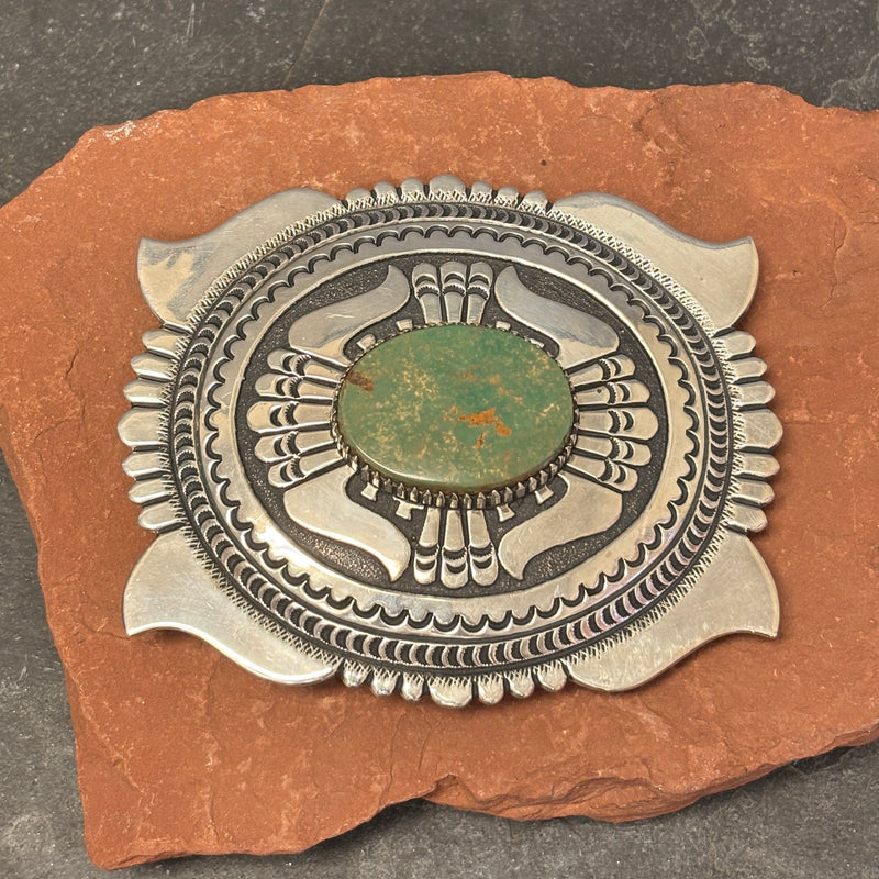 Tommy Singer Vintage Navajo Green Turquoise and Sterling Silver Belt Buckle, authentic Native American   (JF137)